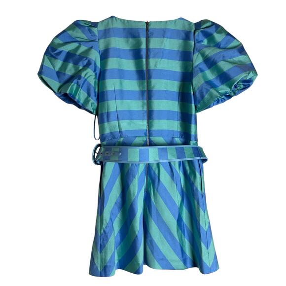 Rebecca Vallance Seychelles Blue Stripe Puff Sleeve Belted Mini Dress Size 8 - Picture 12 of 16